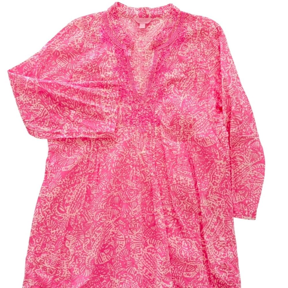 Lilly Pulitzer Tunic Beaded Sarasota Get Cracking Large Cotton Pink White